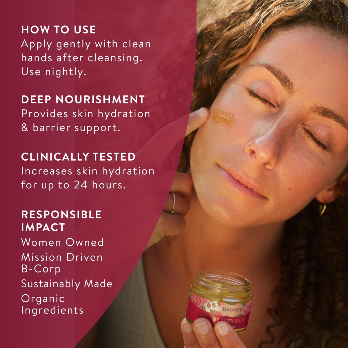 Badger Rose Beauty Balm - 100% Organic Nourishing Face Moisturizer for Women & Men, Intensive Long Lasting Treatment with Pure Rose Essential Oil, 1 oz Glass Jar Avelisse