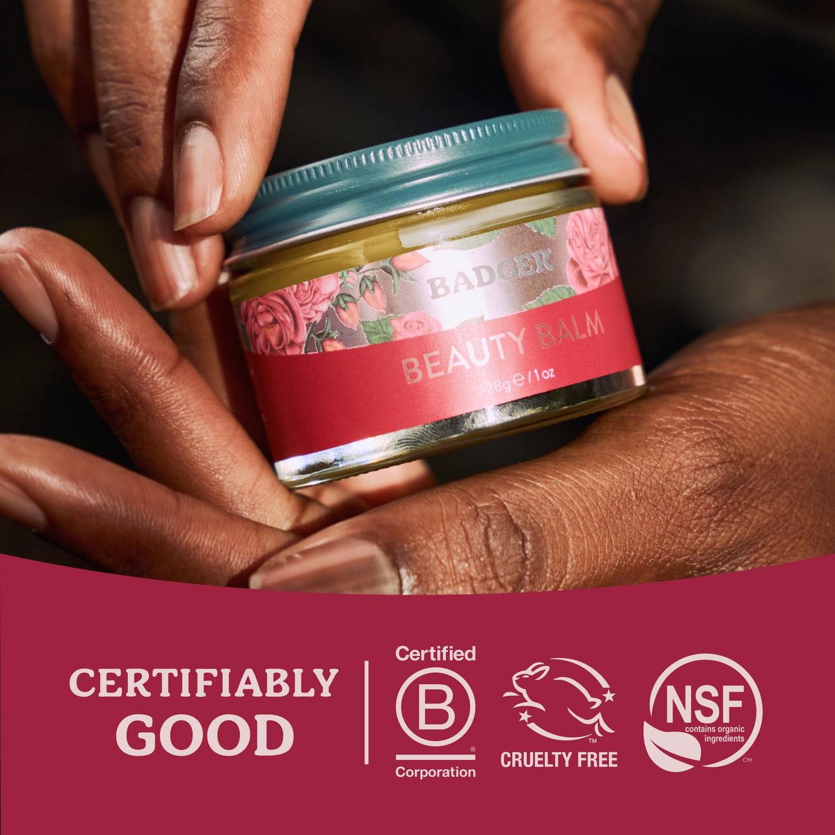 Badger Rose Beauty Balm - 100% Organic Nourishing Face Moisturizer for Women & Men, Intensive Long Lasting Treatment with Pure Rose Essential Oil, 1 oz Glass Jar Avelisse