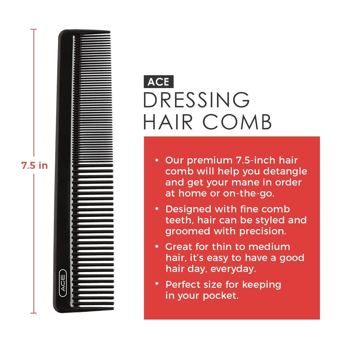 Ace Classic Hair Dressing Comb – 7.5 Inch Black Plastic Comb for Fine, Thick, and All Hair Types - görsel 4