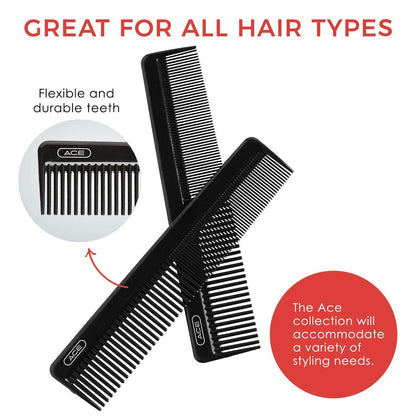 Ace Classic Hair Dressing Comb – 7.5 Inch Black Plastic Comb for Fine, Thick, and All Hair Types