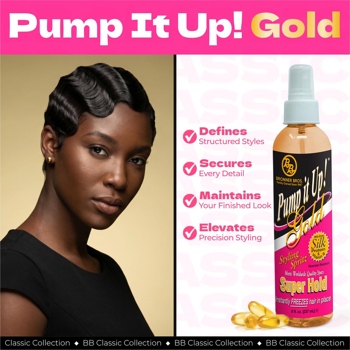 Bronner Bros Pump It Up Gold Styling Spritz – Super Hold Hairspray for Styling & Finishing – Fast-Drying Hair Spray with Silk Amino Acids & Vitamin B5, No Build-Up, Strong Hold for Defined Styles, 8oz - görsel 7