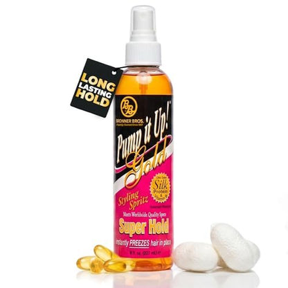 Bronner Bros Pump It Up Gold Styling Spritz – Super Hold Hairspray for Styling & Finishing – Fast-Drying Hair Spray with Silk Amino Acids & Vitamin B5, No Build-Up, Strong Hold for Defined Styles, 8oz
