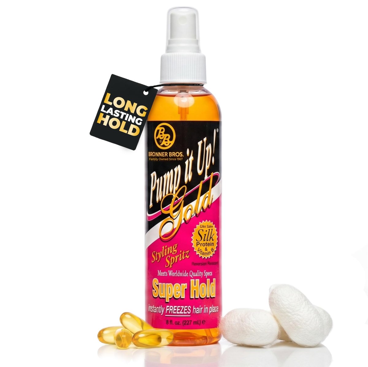 Bronner Bros Pump It Up Gold Styling Spritz – Super Hold Hairspray for Styling & Finishing – Fast-Drying Hair Spray with Silk Amino Acids & Vitamin B5, No Build-Up, Strong Hold for Defined Styles, 8oz - görsel 1