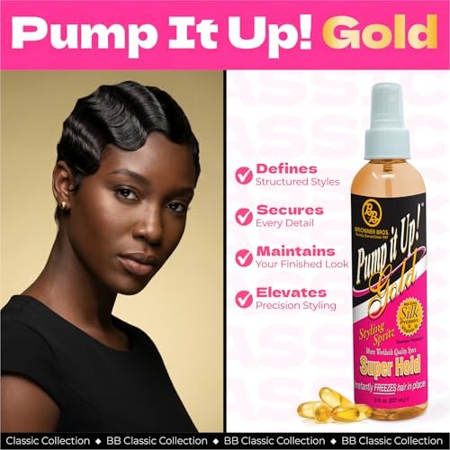 Bronner Bros Pump It Up Gold Styling Spritz – Super Hold Hairspray for Styling & Finishing – Fast-Drying Hair Spray with Silk Amino Acids & Vitamin B5, No Build-Up, Strong Hold for Defined Styles, 8oz - görsel 8