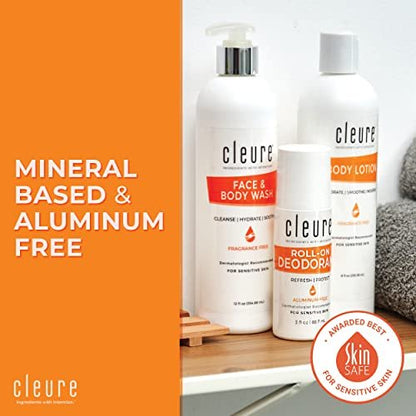 Cleure Natural Roll-On Deodorant for Sensitive Skin - Aluminum Free, Baking Soda Free, Fragrance Free - 24 Hour Odor Control - 3 oz