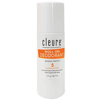Cleure Natural Roll-On Deodorant for Sensitive Skin - Aluminum Free, Baking Soda Free, Fragrance Free - 24 Hour Odor Control - 3 oz