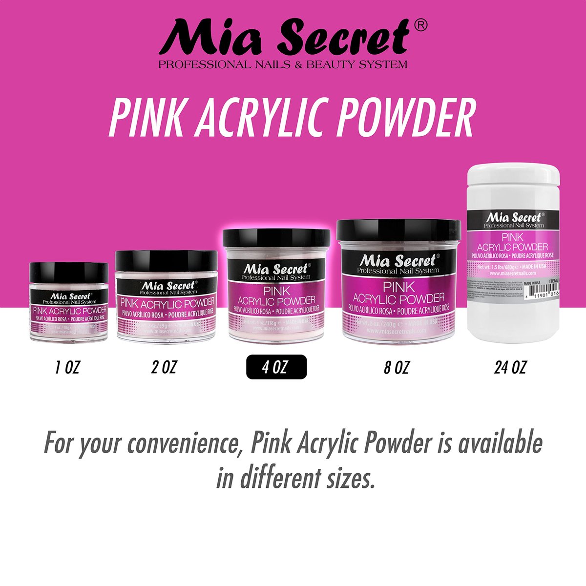 Mia Secret Pink Acrylic Powder 4 oz. - Professional Nail Acrylic System Avelisse