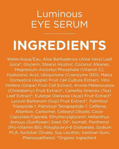Andalou Naturals Luminous Eye Serum - Illuminating Under Eye Moisturizer for Dark Circles and Puffiness - With Vitamin C & Caffeine - 0.6 Oz