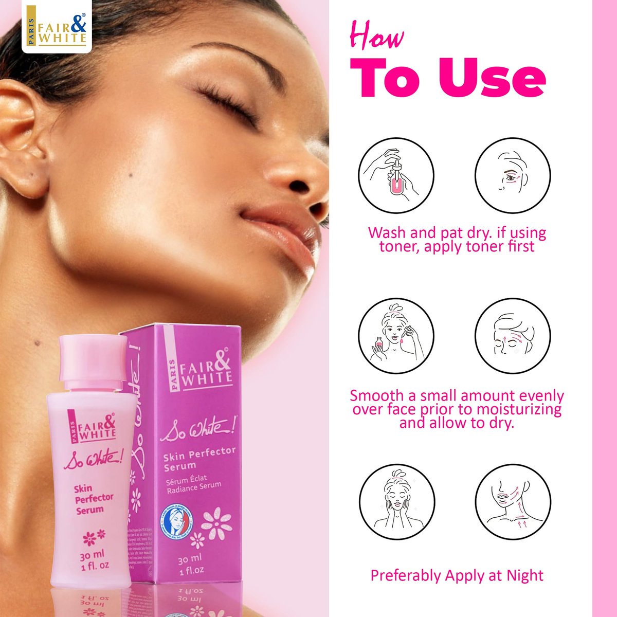 FAIR & WHITE So White Skin Brightening Serum 30ml - With Kojic Acid and Castor Oil for Face, Elbows, Knees, Feet Avelisse