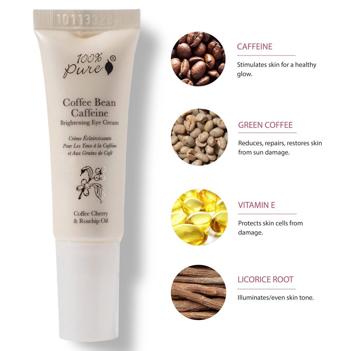 100% PURE Coffee Bean Caffeine Eye Cream - Reduce Puffiness, Dark Circles, and Wrinkles - Vegan Under Eye Treatment with Green Tea, Rose Hip, Vitamin E - 0.3 oz Avelisse