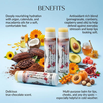 Sweetsation Therapy ChocoSmooch Organic Baby Kids Lip & Face Balm - Set of 3 - Dry Cracked Irritated Skin Relief with Argan, Calendula, Avocado & Sea Buckthorn