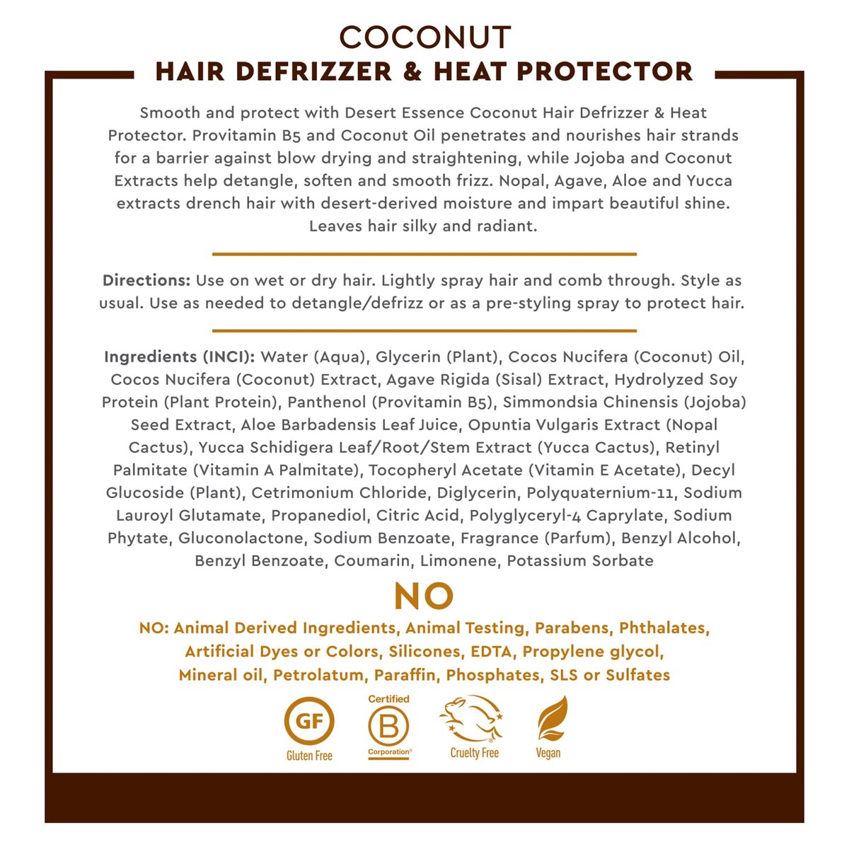 Desert Essence Coconut Hair Defrizzer & Heat Protector - 8.5 fl oz, Gluten Free, Vegan, Cruelty Free Avelisse