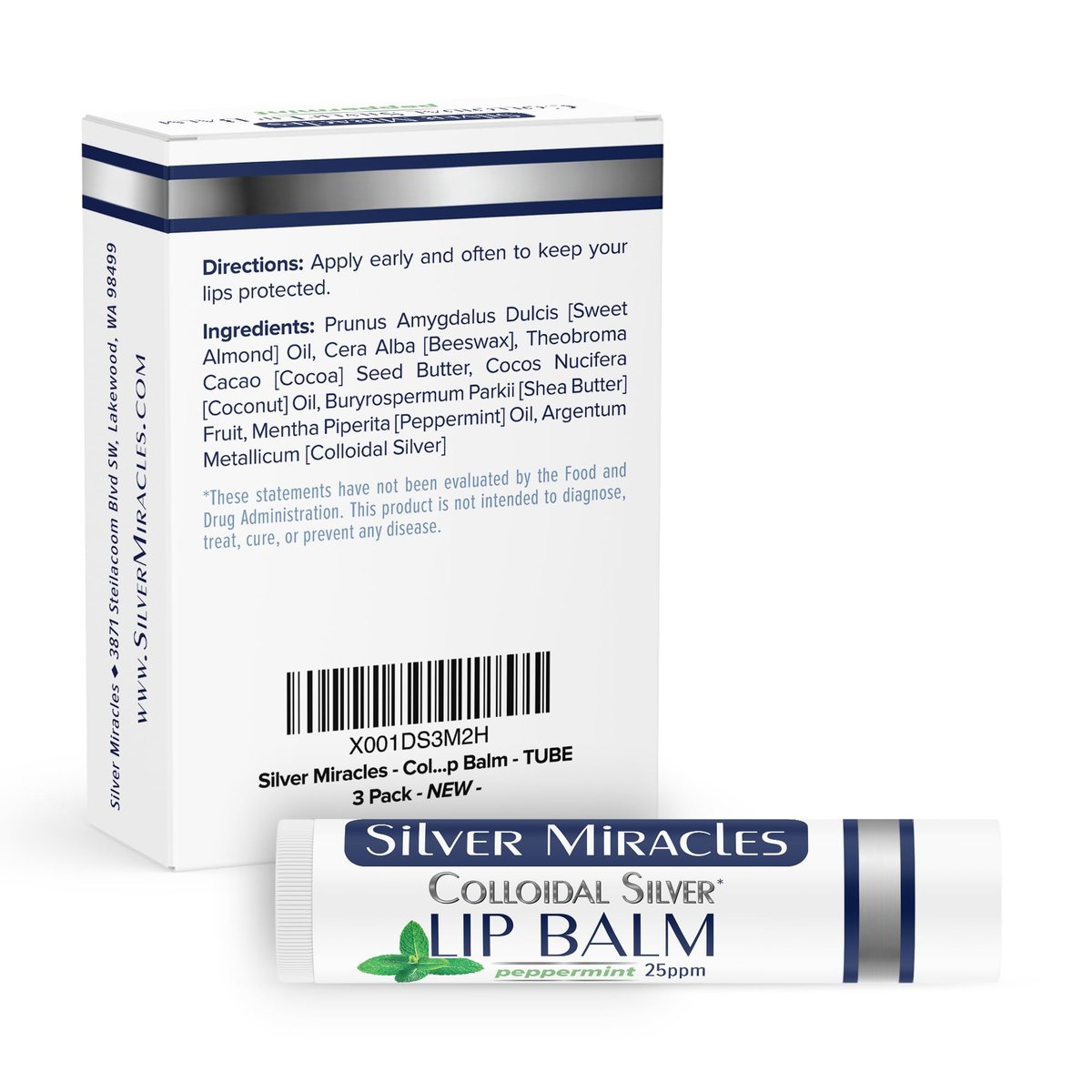 Silver Miracles Colloidal Silver Lip Balm - 3 Pack (0.15 oz Each) Avelisse