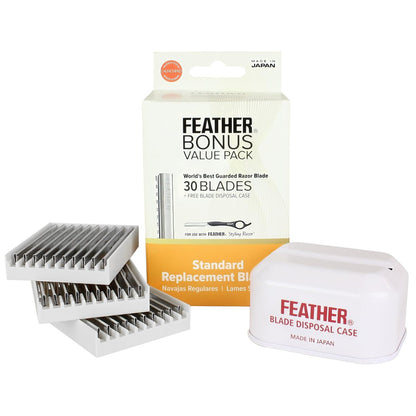 Feather Styling Razor Standard Blades - Professional Hair Cutting Blades for Styling, Shaping, Thinning - Single Edge Guarded Blade - Made in Japan - 30 Count + Blade Disposal Case Avelisse