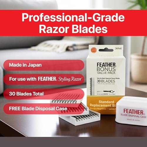 Feather Styling Razor Standard Blades - Professional Hair Cutting Blades for Styling, Shaping, Thinning - Single Edge Guarded Blade - Made in Japan - 30 Count + Blade Disposal Case Avelisse