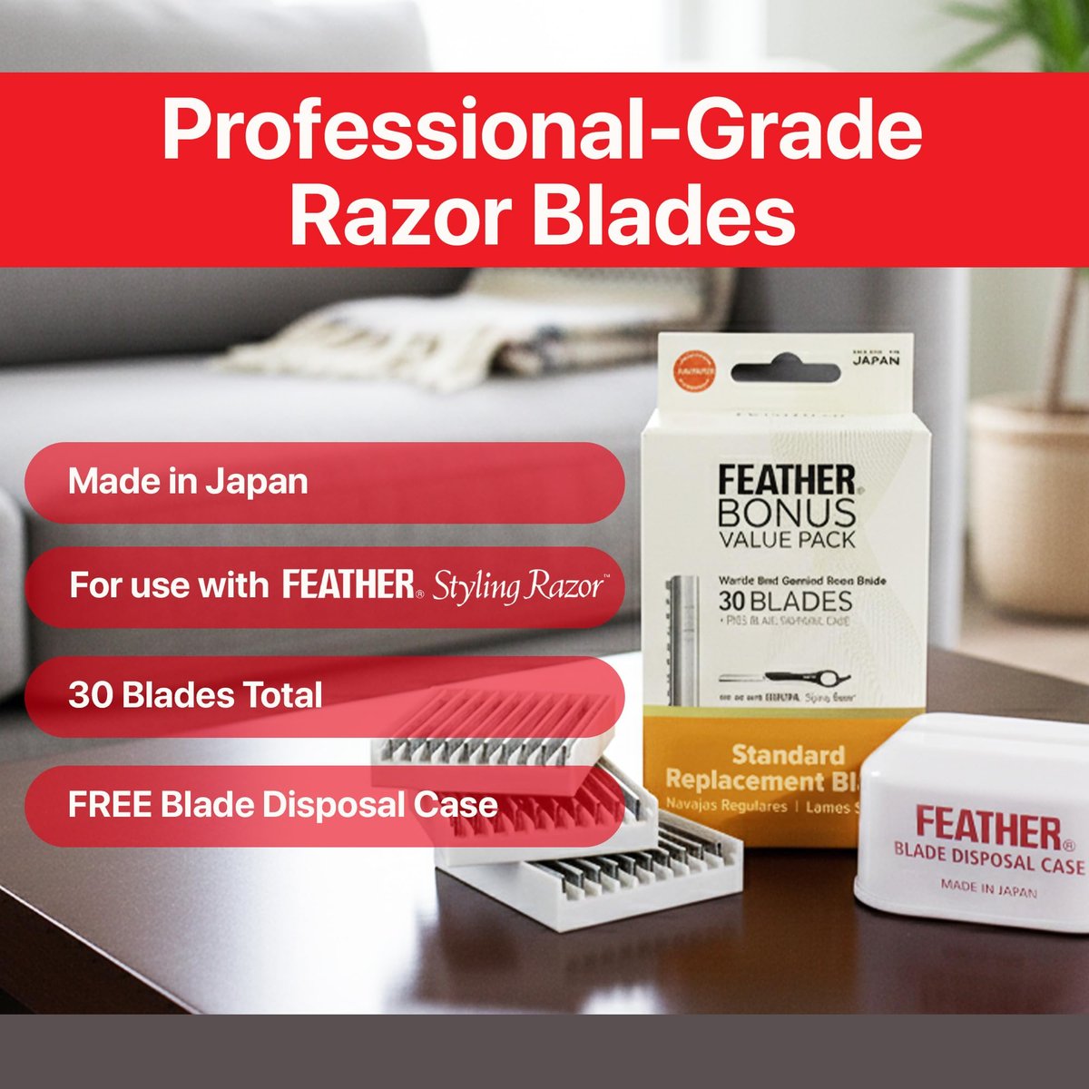 Feather Styling Razor Standard Blades - Professional Hair Cutting Blades for Styling, Shaping, Thinning - Single Edge Guarded Blade - Made in Japan - 30 Count + Blade Disposal Case Avelisse