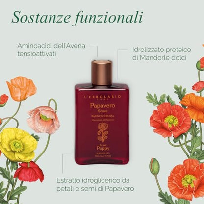 L'Erbolario Sweet Poppy Shower Gel – Antioxidant & Moisturizing Body Wash for Sensitive Skin, Floral Amber Scent, 8.4 oz