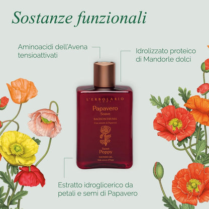 L'Erbolario Sweet Poppy Shower Gel – Antioxidant & Moisturizing Body Wash for Sensitive Skin, Floral Amber Scent, 8.4 oz