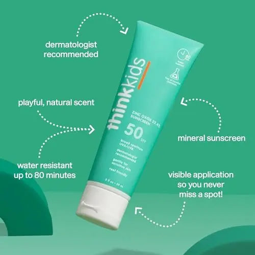 Thinkkids Safe Mineral Sunscreen SPF 50+ for Children, 3 Fl Oz, Natural, Water Resistant, Reef Safe, Broad Spectrum UVA/UVB Avelisse