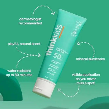 Thinkkids Safe Mineral Sunscreen SPF 50+ for Children, 3 Fl Oz, Natural, Water Resistant, Reef Safe, Broad Spectrum UVA/UVB Avelisse
