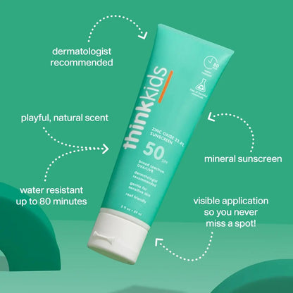 Thinkkids Safe Mineral Sunscreen SPF 50+ for Children, 3 Fl Oz, Natural, Water Resistant, Reef Safe, Broad Spectrum UVA/UVB Avelisse