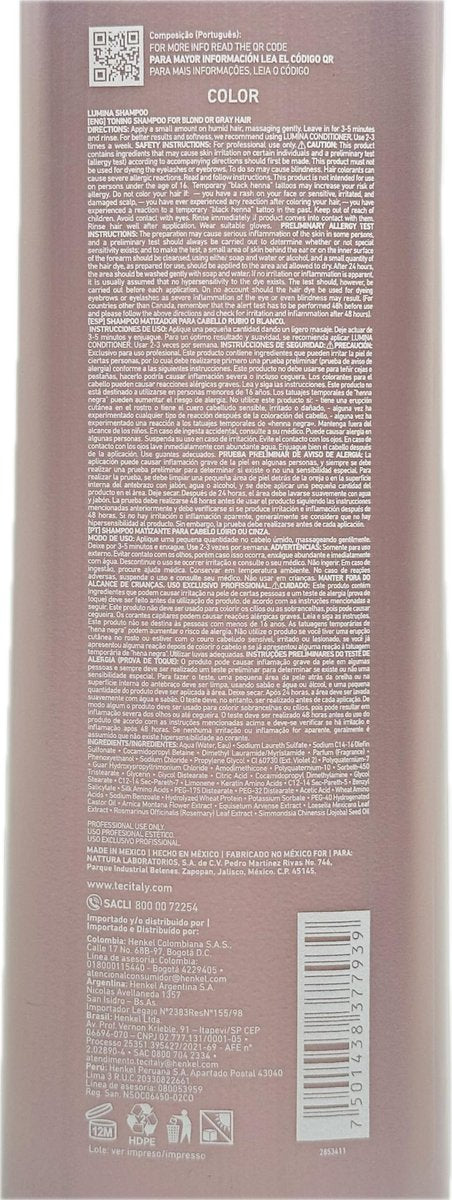 Tec Italy Lumina Shampoo for Blond and Gray Hair - 33.8 oz (1000 ml) - Color-Enhancing Purple Shampoo Avelisse