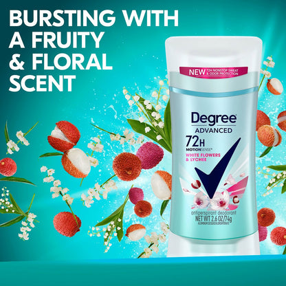 Degree Advanced Protection Antiperspirant Deodorant for Women, White Flowers & Lychee, 72-Hour Sweat & Odor Control, Body Heat Activated Technology, 2.6 oz