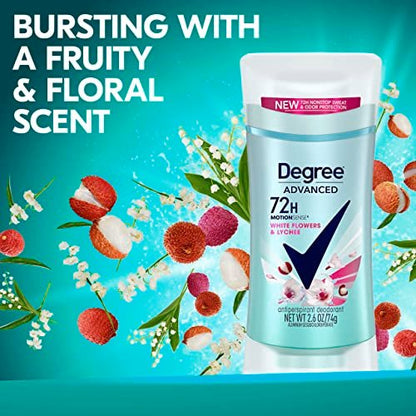 Degree Advanced Protection Antiperspirant Deodorant for Women, White Flowers & Lychee, 72-Hour Sweat & Odor Control, Body Heat Activated Technology, 2.6 oz
