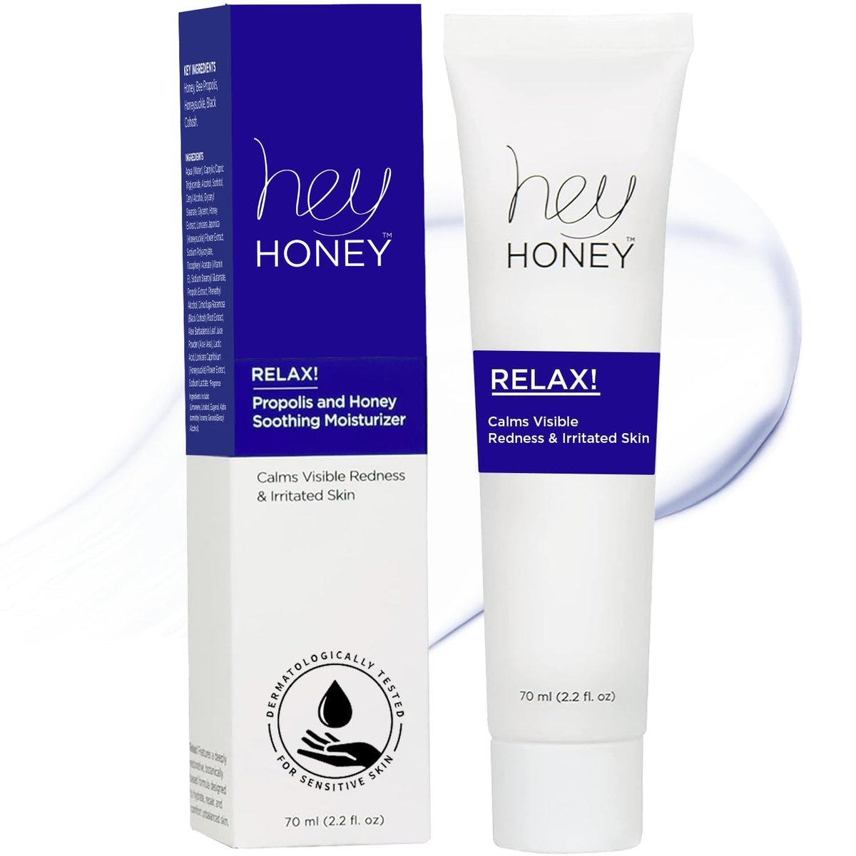 Hey Honey Skincare Relax - Instant Rosacea Relief Cream for Sensitive Skin | Calming Face Moisturizer for Facial Redness & Irritation | Dermatologist Tested, Oil-Free with Honey & Propolis | 2.2 Oz Avelisse