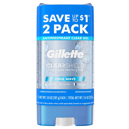 Gillette Antiperspirant and Deodorant for Men, Cool Wave Scent, 3.8 oz Twin Pack – 72hr Sweat & Odor Protection, Clear Gel, Anti-White Marks