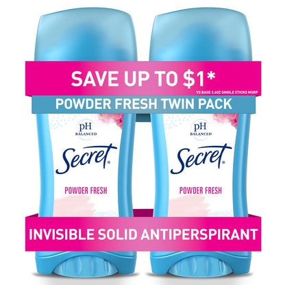 Secret Antiperspirant Deodorant Invisible Solid Powder Fresh Twin Pack, 2.6 oz Each