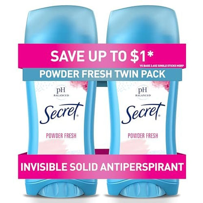 Secret Antiperspirant Deodorant Invisible Solid Powder Fresh Twin Pack, 2.6 oz Each