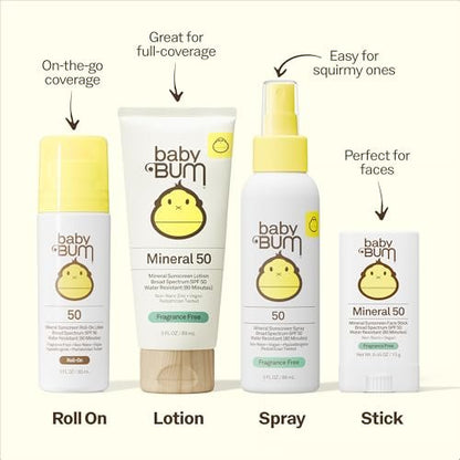 Baby Bum SPF 50 Mineral Sunscreen Lotion - Hawaii 104 Act Compliant, Fragrance Free, Travel Size 3 oz Avelisse