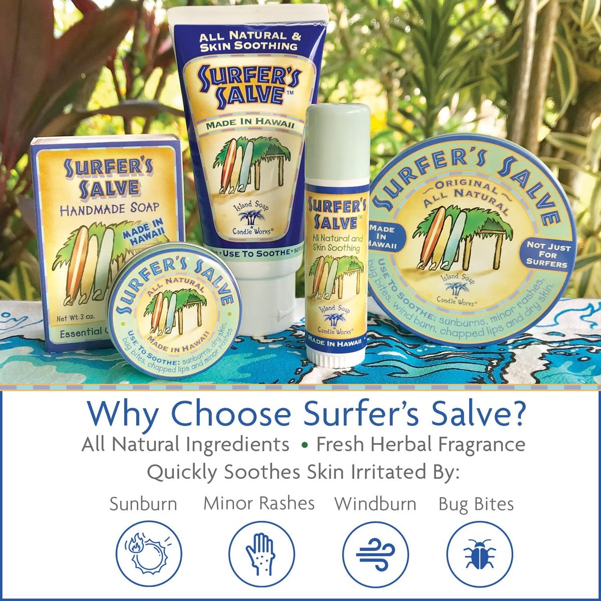 Island Soap & Candle Works Surfer's Salve - All Natural Skin Soothing Balm - Moisturizing Anti-Chafing Ointment for Insect Bites, Sunburn, Windburn, Chapped Lips, Rashes & New Tattoos - .8 Ounce - görsel 13