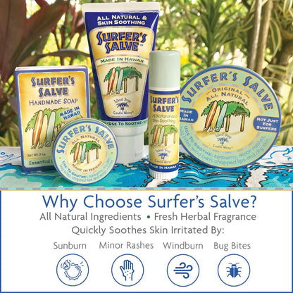Island Soap & Candle Works Surfer's Salve - All Natural Skin Soothing Balm - Moisturizing Anti-Chafing Ointment for Insect Bites, Sunburn, Windburn, Chapped Lips, Rashes & New Tattoos - .8 Ounce