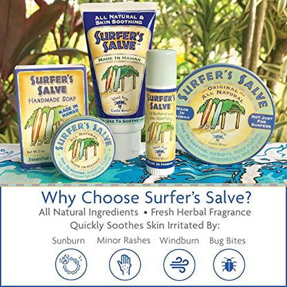 Island Soap & Candle Works Surfer's Salve - All Natural Skin Soothing Balm - Moisturizing Anti-Chafing Ointment for Insect Bites, Sunburn, Windburn, Chapped Lips, Rashes & New Tattoos - .8 Ounce