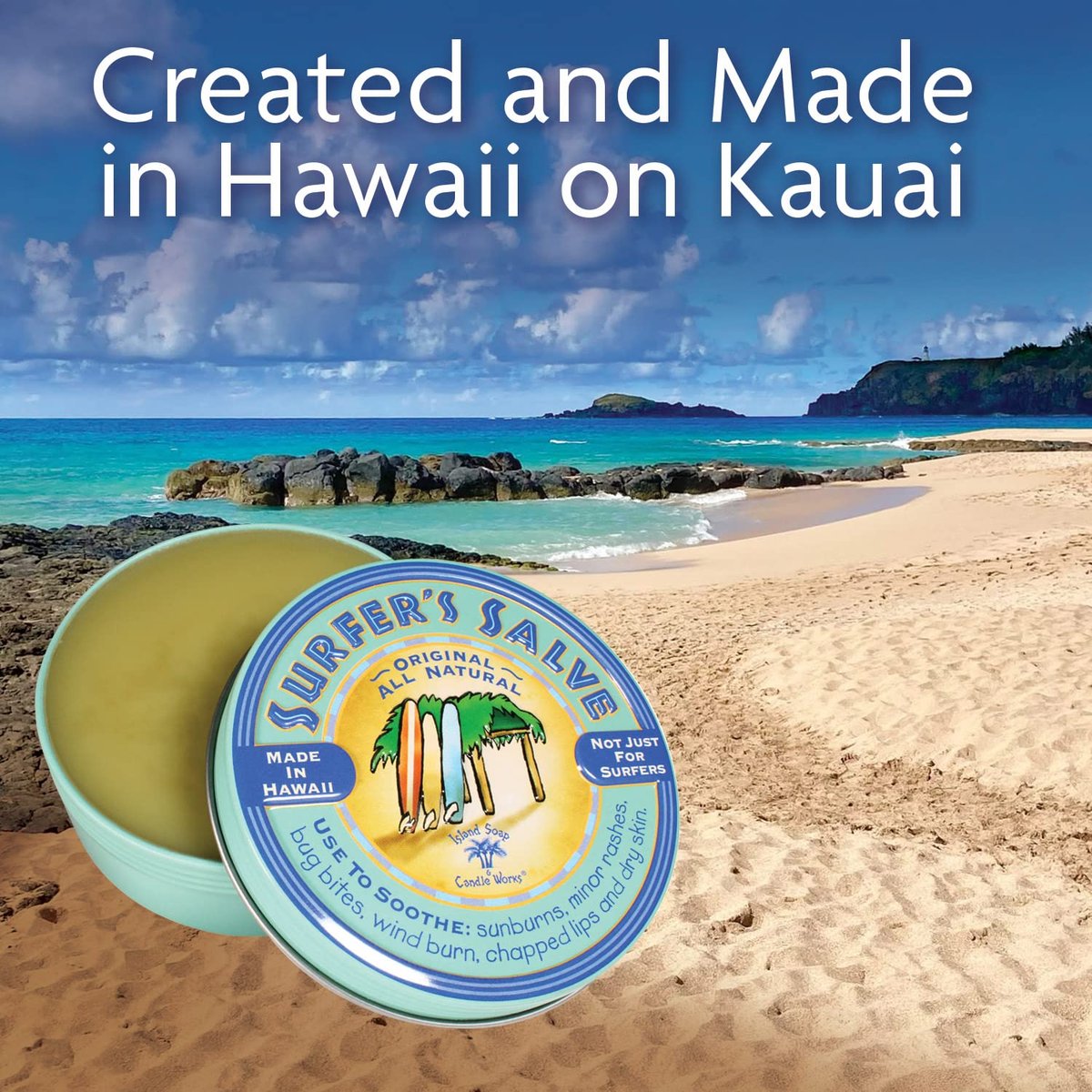 Island Soap & Candle Works Surfer's Salve - All Natural Skin Soothing Balm - Moisturizing Anti-Chafing Ointment for Insect Bites, Sunburn, Windburn, Chapped Lips, Rashes & New Tattoos - .8 Ounce - görsel 7