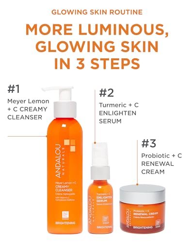 Andalou Naturals Turmeric + Vitamin C Enlighten Serum - Illuminating Face Treatment for Uneven Tone & Sun Damage, 1.1 fl oz