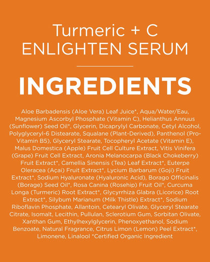 Andalou Naturals Turmeric + Vitamin C Enlighten Serum - Illuminating Face Treatment for Uneven Tone & Sun Damage, 1.1 fl oz
