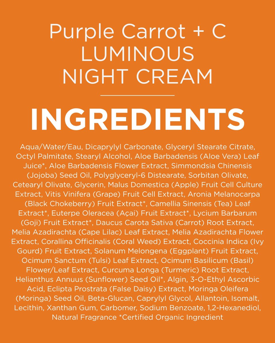 Andalou Naturals Purple Carrot + Vitamin C Luminous Skin Night Cream - Hydrating Face Moisturizer with Fruit Stem Cell Complex - 1.7 fl oz Avelisse