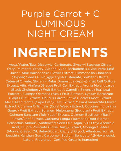 Andalou Naturals Purple Carrot + Vitamin C Luminous Skin Night Cream - Hydrating Face Moisturizer with Fruit Stem Cell Complex - 1.7 fl oz Avelisse