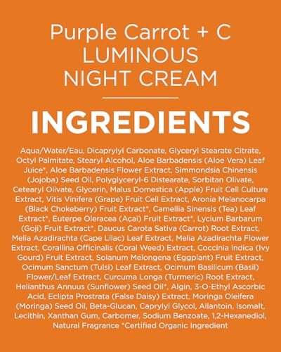 Andalou Naturals Purple Carrot + Vitamin C Luminous Skin Night Cream - Hydrating Face Moisturizer with Fruit Stem Cell Complex - 1.7 fl oz Avelisse