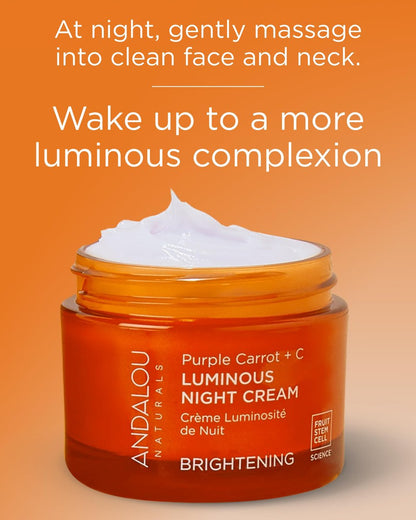 Andalou Naturals Purple Carrot + Vitamin C Luminous Skin Night Cream - Hydrating Face Moisturizer with Fruit Stem Cell Complex - 1.7 fl oz Avelisse