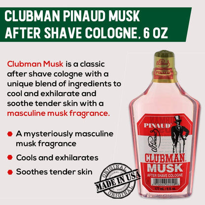 Clubman Pinaud Musk After Shave Cologne – Refreshing Aftershave for Men, Smooth Skin, 6 oz
