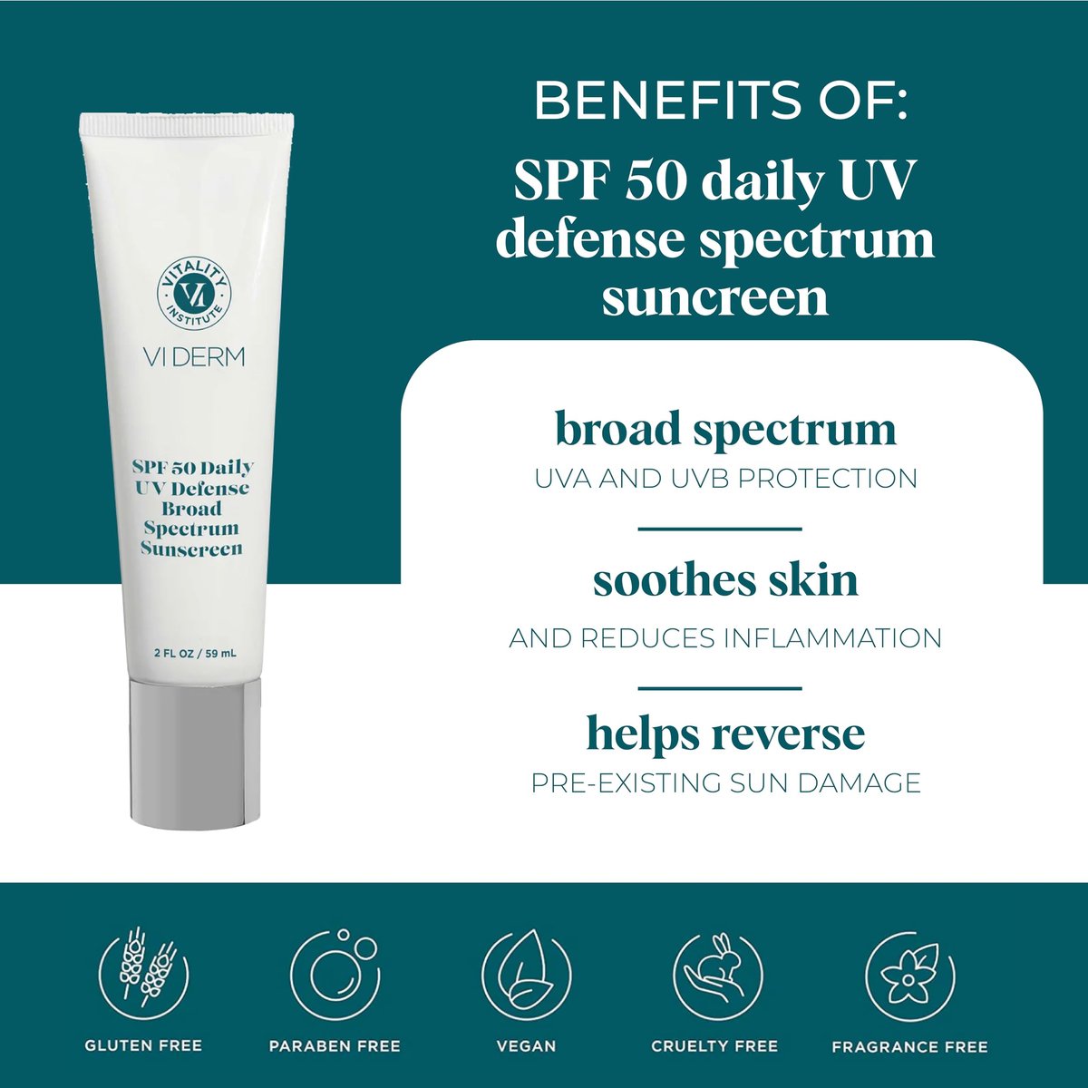 VI Derm SPF 50 Daily UV Defense Sunscreen - Broad Spectrum Sunblock for Face & Body - Lightweight, Oil-Free, Fast-Absorbing Skincare Protector - Clean, Non-Greasy Formula - Fragrance Free, 2 Fl Oz Avelisse
