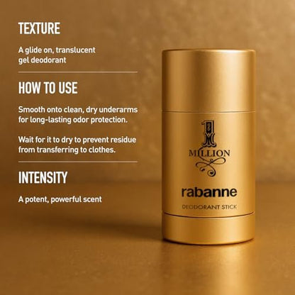Rabanne 1 Million Deodorant Stick for Men – Luxury Fragrance Solid Deodorant with Fresh Leather, Warm Spice & Sensual Musk, Long-Lasting Freshness, 2.2 oz