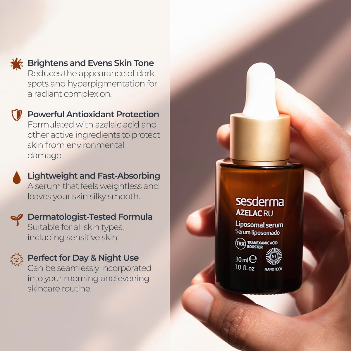 Sesderma AZELAC RU Liposomal Facial Serum – Targeted Treatment for Sun Spots, Age Spots & Hyperpigmentation (1 fl. oz) Avelisse