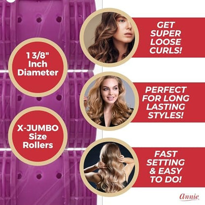 Annie Snap-On Magnetic Hair Rollers – Extra Jumbo 1 3/4 Inch, Locking Snap-Over Hood, Secure Hold No Pins Needed, Purple, 6 Count