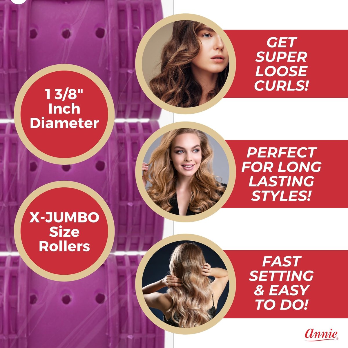Annie Snap-On Magnetic Hair Rollers – Extra Jumbo 1 3/4 Inch, Locking Snap-Over Hood, Secure Hold No Pins Needed, Purple, 6 Count - görsel 7