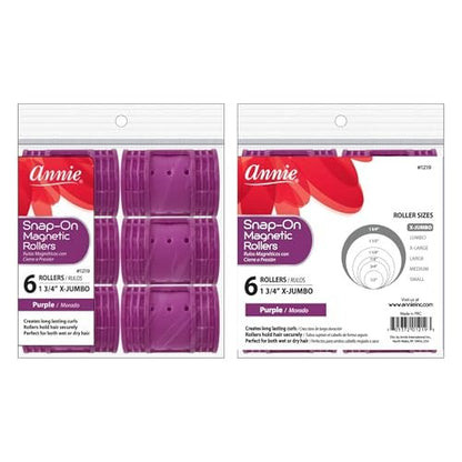 Annie Snap-On Magnetic Hair Rollers – Extra Jumbo 1 3/4 Inch, Locking Snap-Over Hood, Secure Hold No Pins Needed, Purple, 6 Count